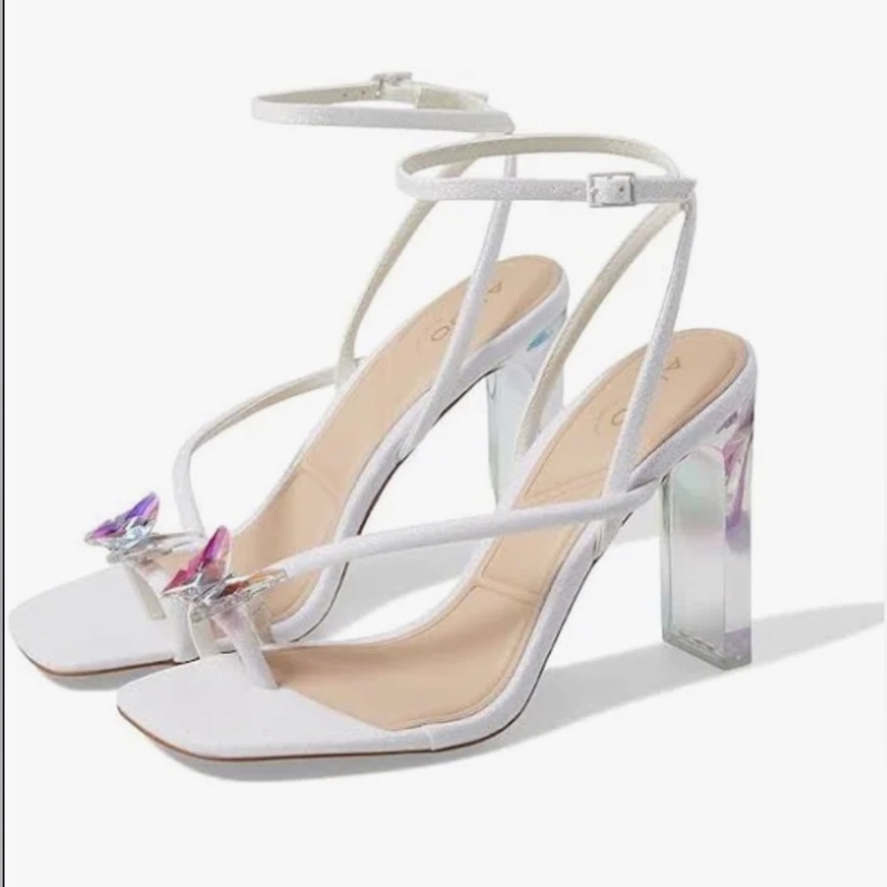 Aldo Pepela silver shimmery butterfly toe Ankle Strap‎ lucite heels size 11 new